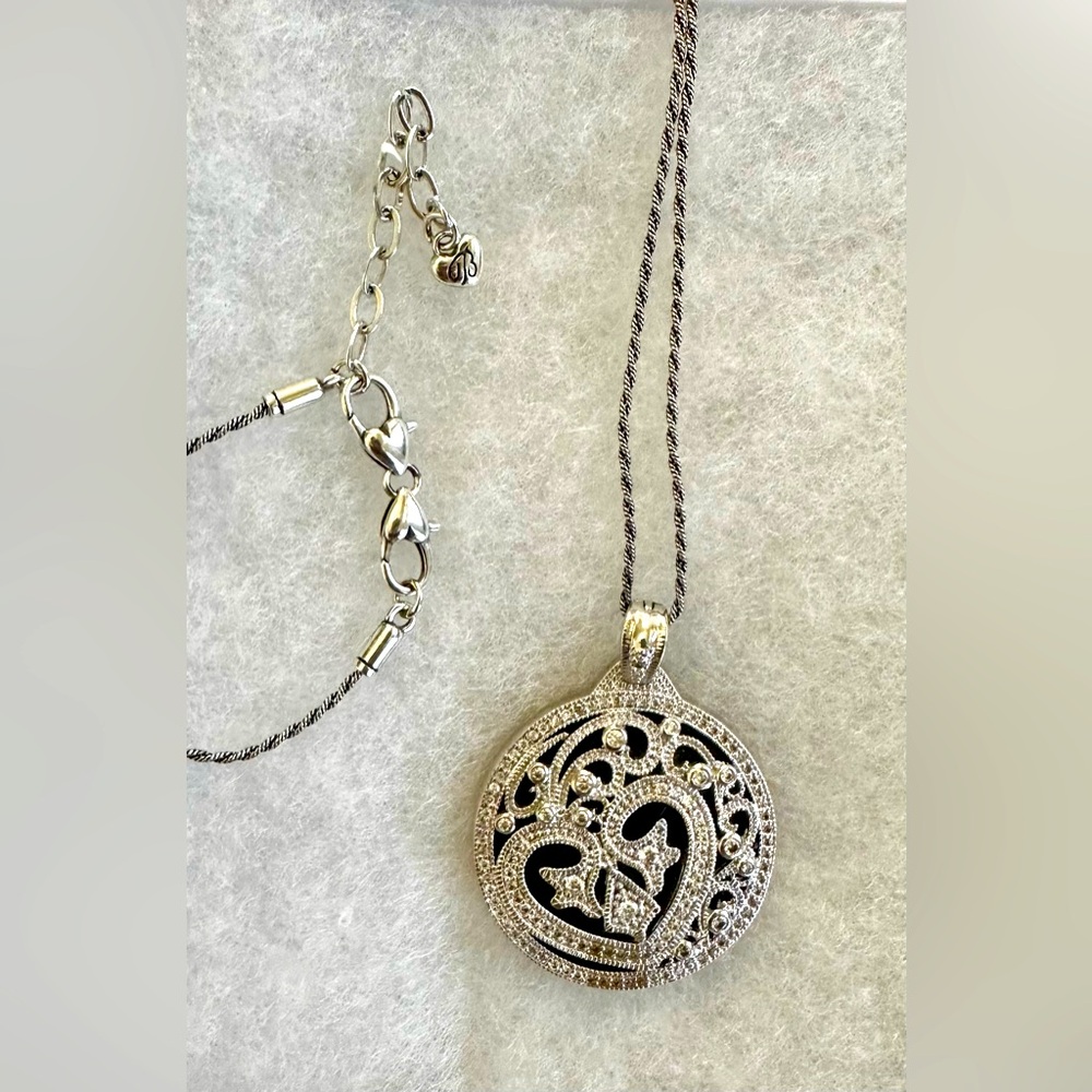 Brighton 36 inch silver and black enamel heart pendant.